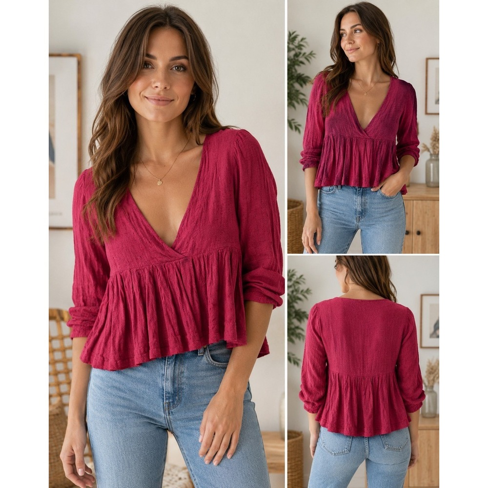 Free People Ruched Peplum Blouse Pink Long Sleeve Boho Top Medium